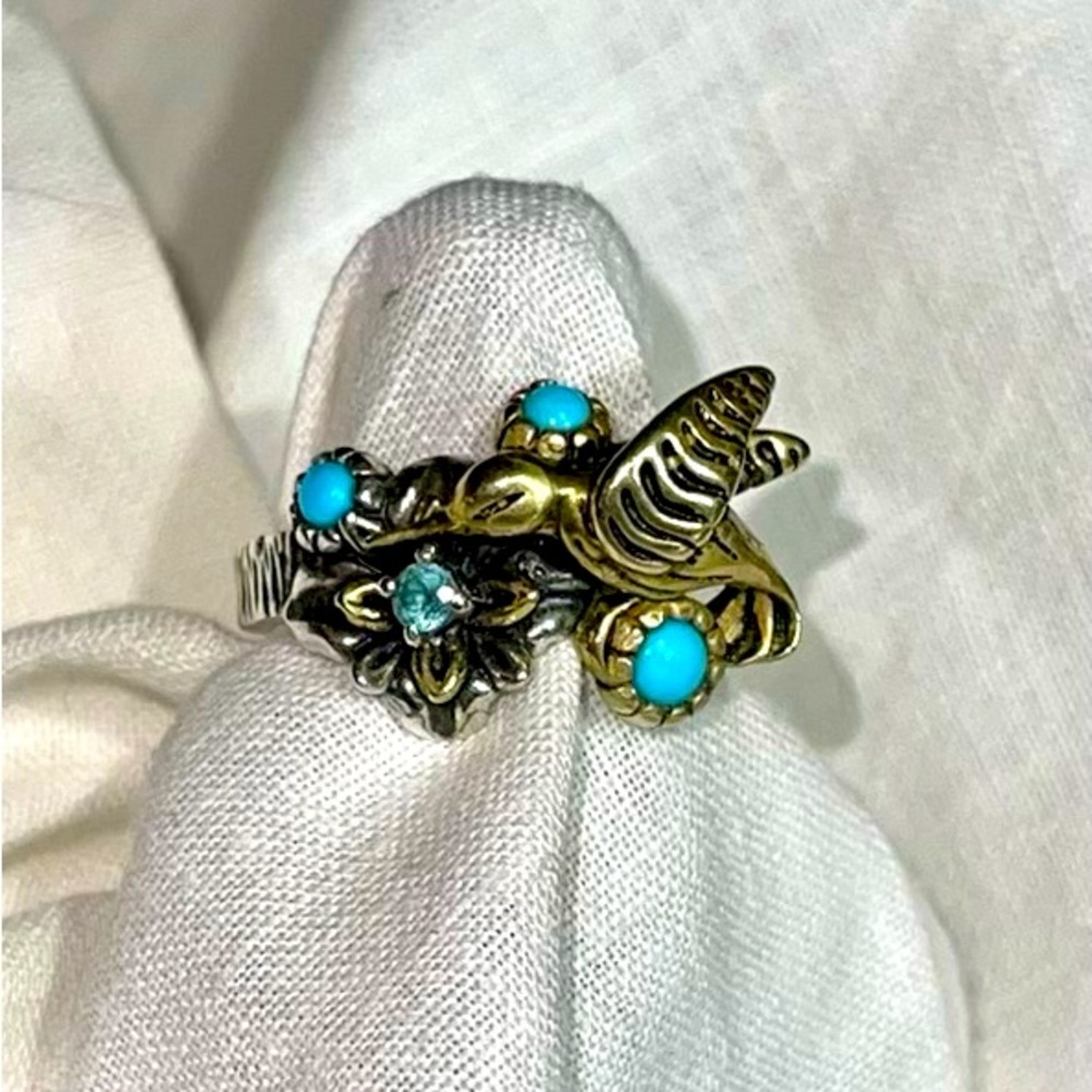 Unique Hummingbird Ring! Sterling & Brass with turquoise & topaz, size 7.5-8